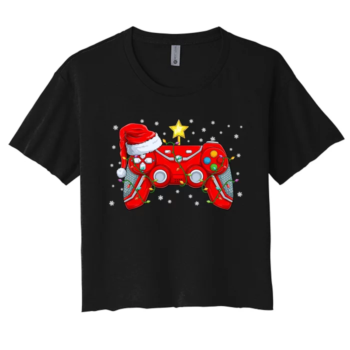 Funny Christmas Video Game Santa Hat Gamer Xmas Women's Crop Top Tee