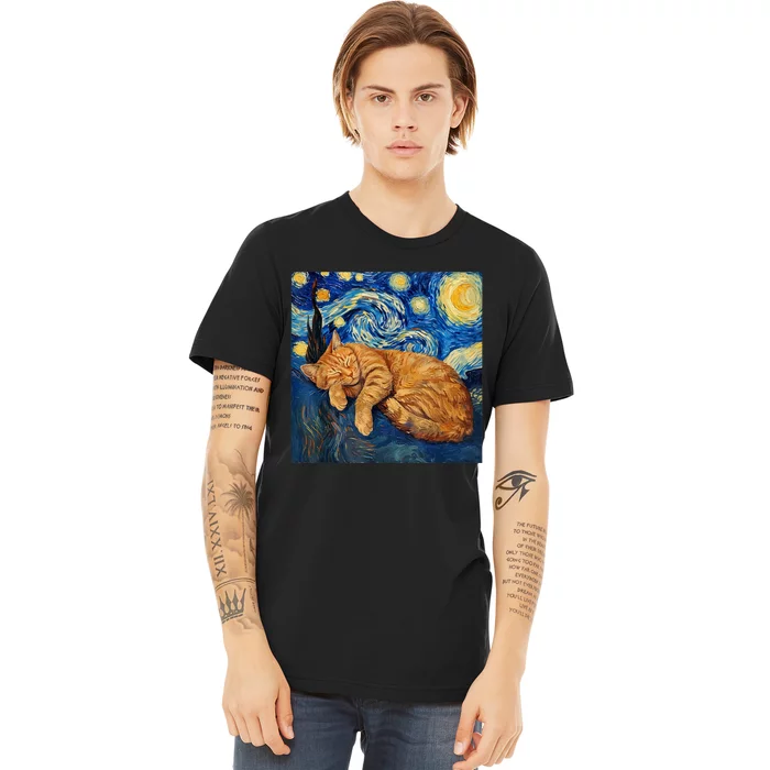 Funny Cat Van Gogh Starry Night Premium T-Shirt