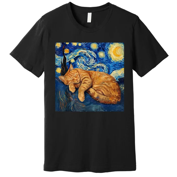 Funny Cat Van Gogh Starry Night Premium T-Shirt