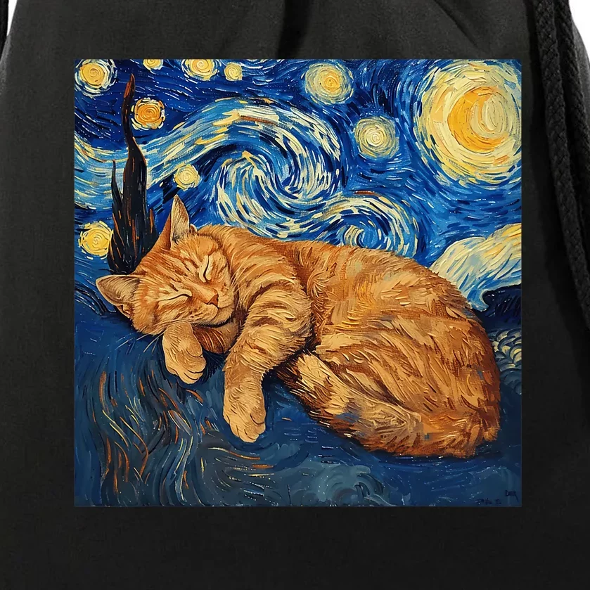 Funny Cat Van Gogh Starry Night Drawstring Bag