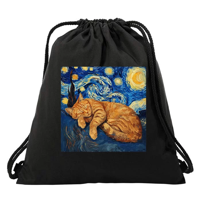 Funny Cat Van Gogh Starry Night Drawstring Bag