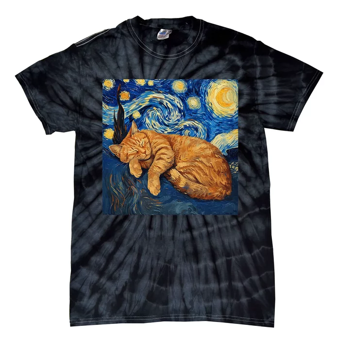 Funny Cat Van Gogh Starry Night Tie-Dye T-Shirt