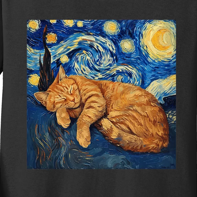 Funny Cat Van Gogh Starry Night Kids Long Sleeve Shirt