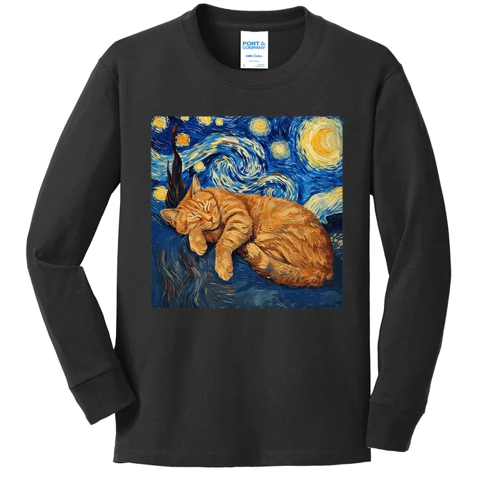 Funny Cat Van Gogh Starry Night Kids Long Sleeve Shirt