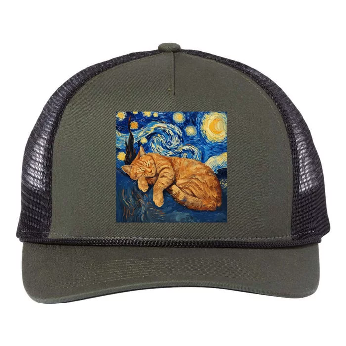 Funny Cat Van Gogh Starry Night Retro Rope Trucker Hat Cap