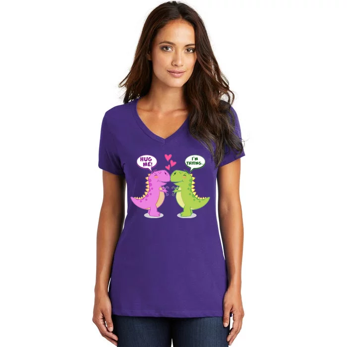 Funny Cute Valentines Day T Rex Dinosaurs Hug Women's V-Neck T-Shirt