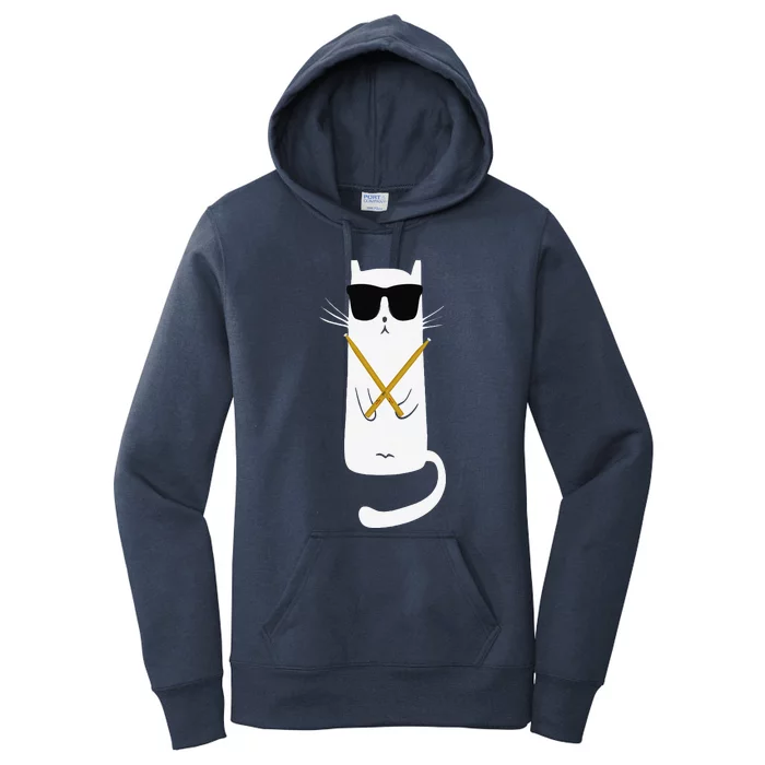 Funny Cat Wearing Sunglasses Drums Playing Drums Women's Pullover Hoodie