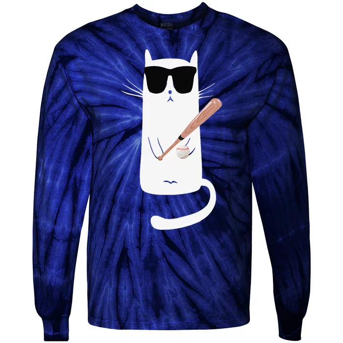 Funny Cat Wearing Sunglasses Playing Baseball Tie-Dye Long Sleeve Shirt