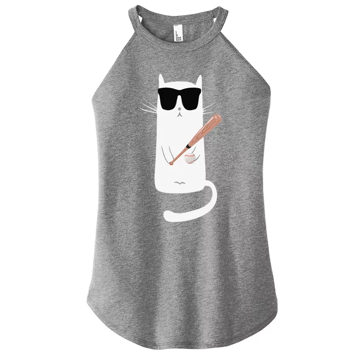 Funny Cat Wearing Sunglasses Playing Baseball Women’s Perfect Tri Rocker Tank