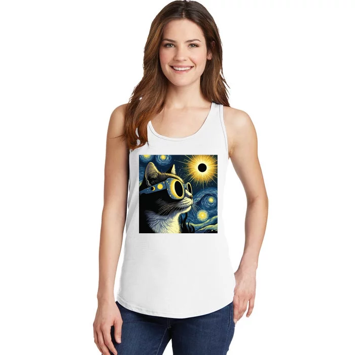 Funny Cat With Solar Eclipse Sunglasses Ladies Essential Tank