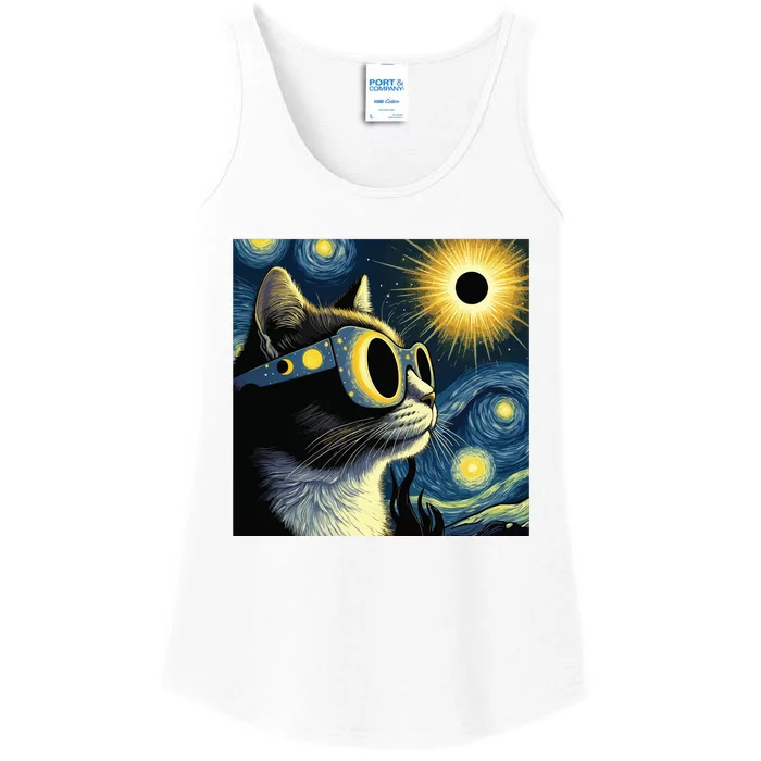 Funny Cat With Solar Eclipse Sunglasses Ladies Essential Tank