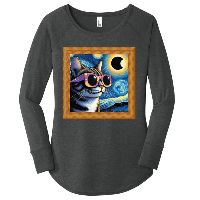 Funny Cat Wearing Solar Eclipse Glasses Women's Perfect Tri Tunic Long Sleeve Shirt