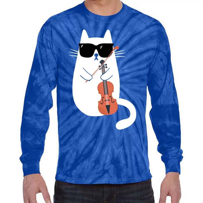 Funny Cat Wearing Sunglasses Playing Violin Viola Musician Gift Tie-Dye Long Sleeve Shirt