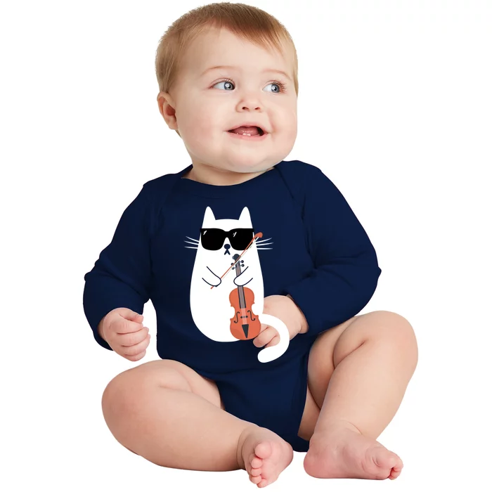 Funny Cat Wearing Sunglasses Playing Violin Viola Musician Gift Baby Long Sleeve Bodysuit