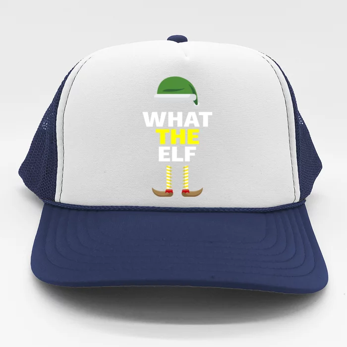 Funny Christmas What The Elf Distressed Gift Trucker Hat