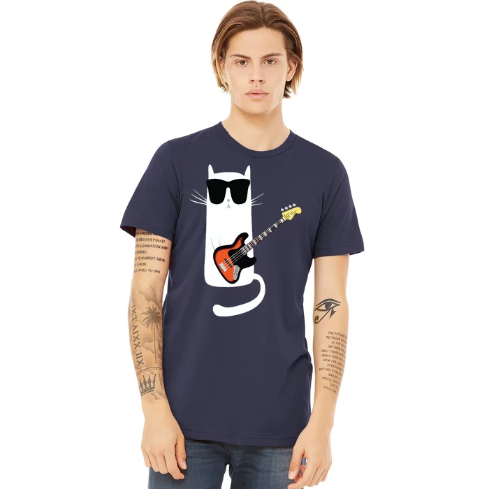 Funny Cat Wearing Sunglasses Playing Bass Guitar Premium T-Shirt