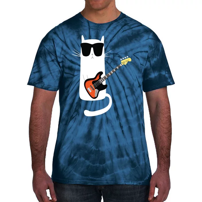 Funny Cat Wearing Sunglasses Playing Bass Guitar Tie-Dye T-Shirt