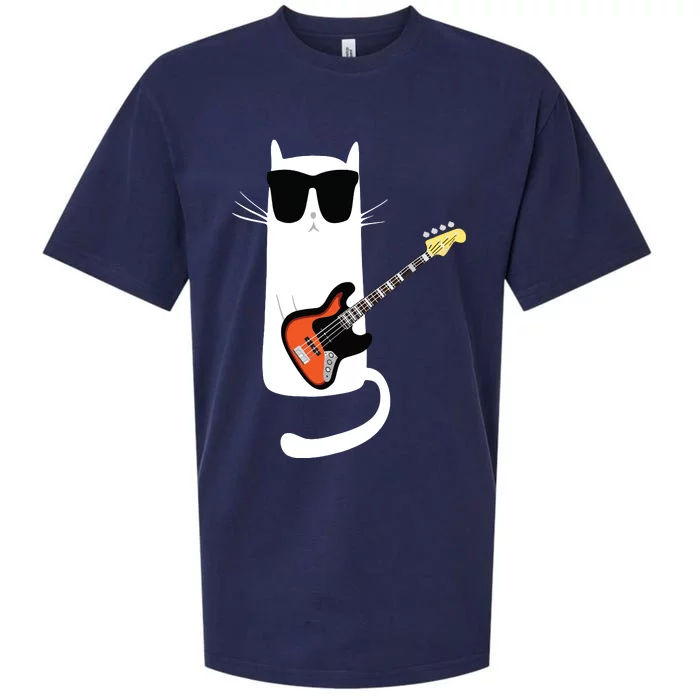 Funny Cat Wearing Sunglasses Playing Bass Guitar Sueded Cloud Jersey T-Shirt