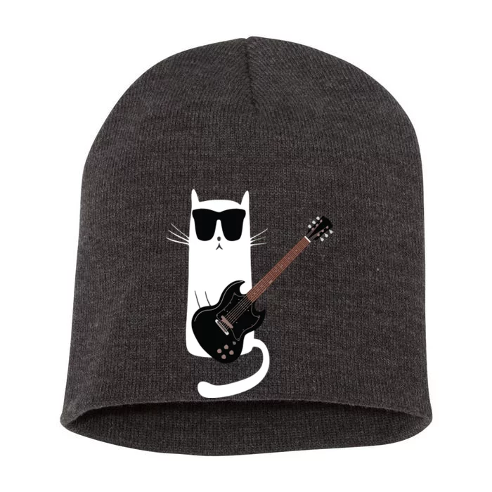 Funny Cat Wearing Sunglasses Playing Electric Guitar Short Acrylic Beanie