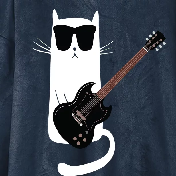 Funny Cat Wearing Sunglasses Playing Electric Guitar Hooded Wearable Blanket