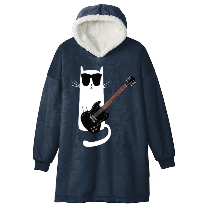 Funny Cat Wearing Sunglasses Playing Electric Guitar Hooded Wearable Blanket