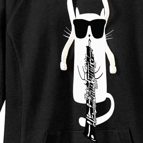 Funny Cat Wearing Sunglasses Playing Oboe Women's Fleece Hoodie