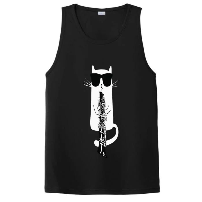 Funny Cat Wearing Sunglasses Playing Oboe Performance Tank