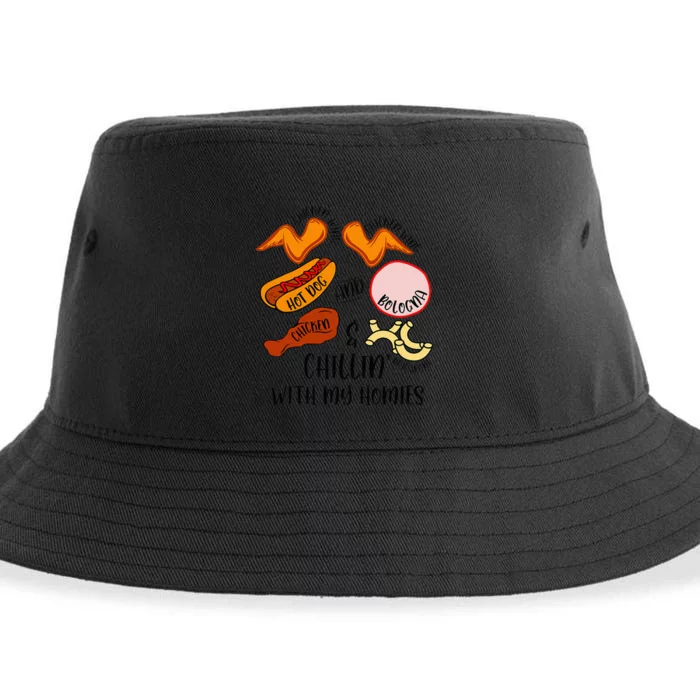 Funny Chicken Wing Song Lyric Hot Dog Bologna Macaroni Sustainable Bucket Hat