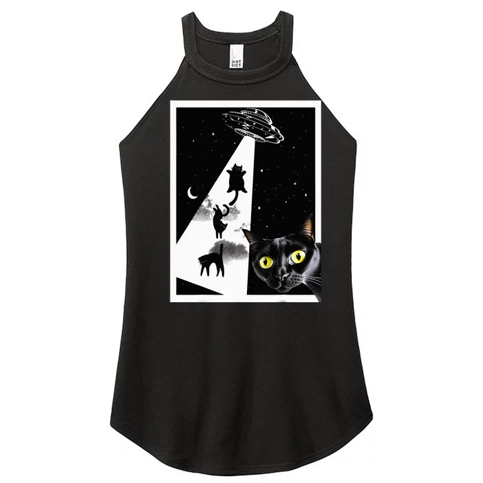 Funny Cats With Alien UFO Spaceship. Funny Cat Lovers Women’s Perfect Tri Rocker Tank