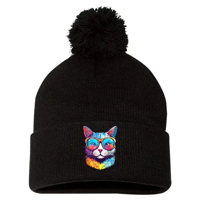 Funny Cat Wearing Sunglasses Cat Lover Cat Graphic Men Women Pom Pom 12in Knit Beanie