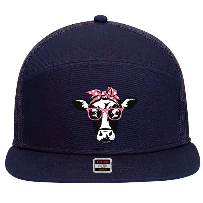 Funny Cow With Bandana Glasses Cute Cow 7 Panel Mesh Trucker Snapback Hat