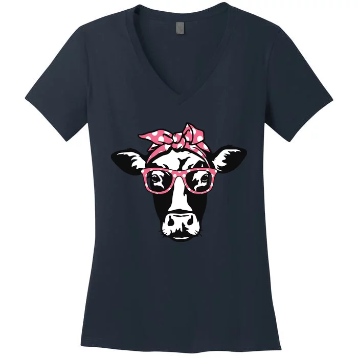 Funny Cow With Bandana Glasses Cute Cow Women's V-Neck T-Shirt