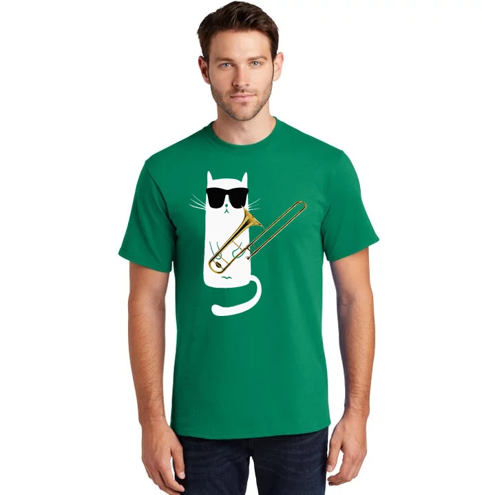 Funny Cat Wearing Sunglasses Playing Trombone Tall T-Shirt