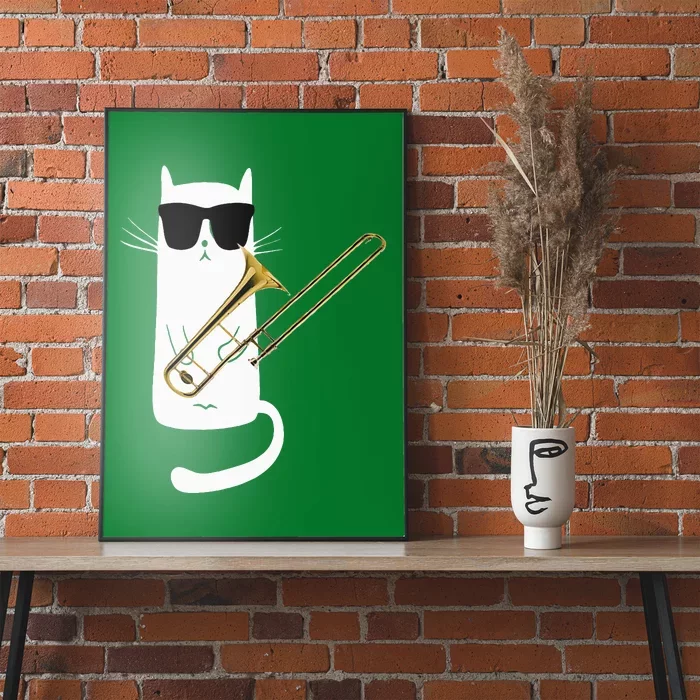 Funny Cat Wearing Sunglasses Playing Trombone Poster