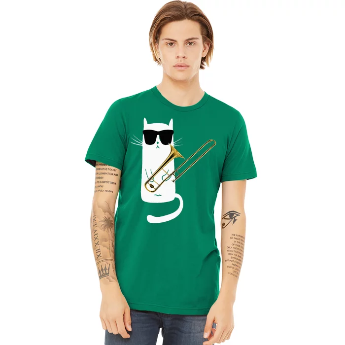 Funny Cat Wearing Sunglasses Playing Trombone Premium T-Shirt