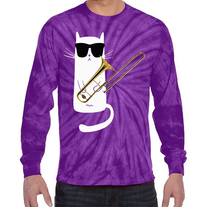 Funny Cat Wearing Sunglasses Playing Trombone Tie-Dye Long Sleeve Shirt