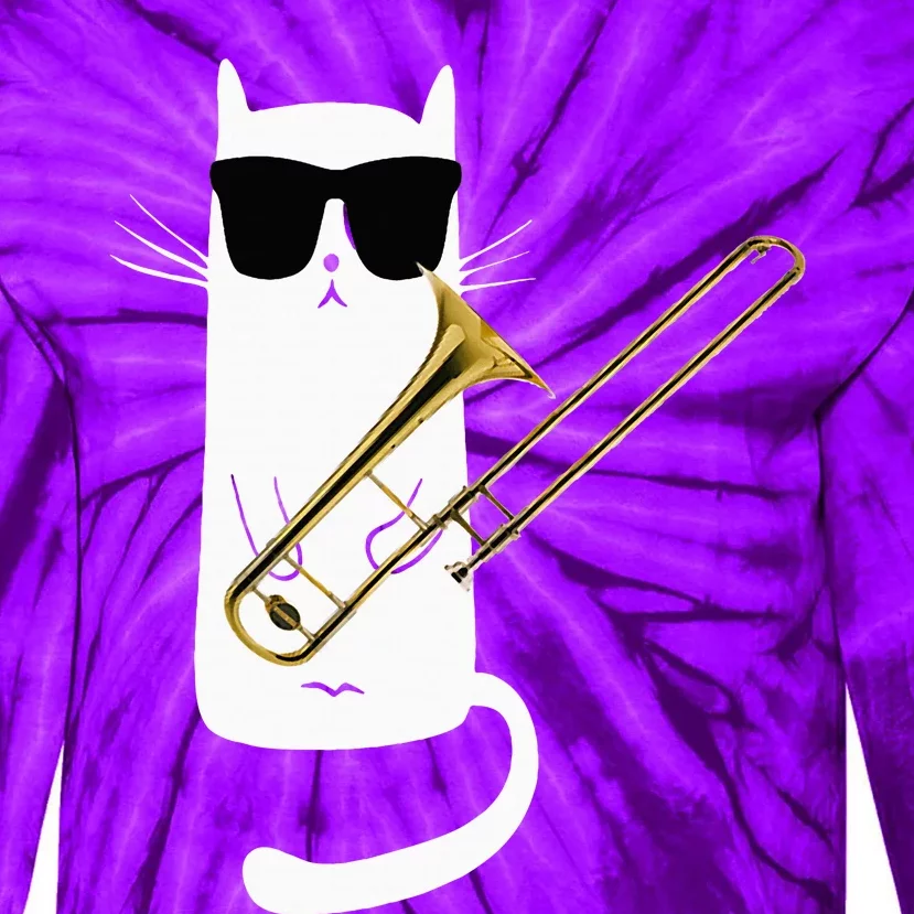 Funny Cat Wearing Sunglasses Playing Trombone Tie-Dye Long Sleeve Shirt