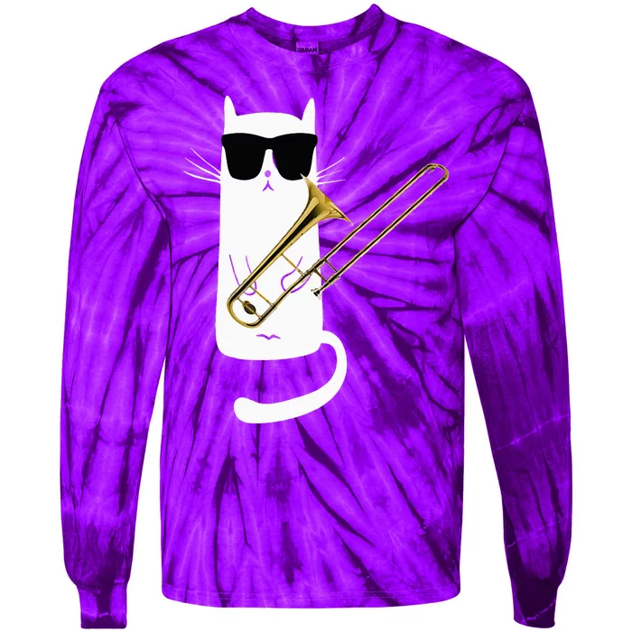 Funny Cat Wearing Sunglasses Playing Trombone Tie-Dye Long Sleeve Shirt