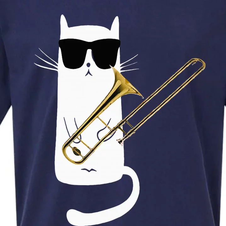 Funny Cat Wearing Sunglasses Playing Trombone Sueded Cloud Jersey T-Shirt