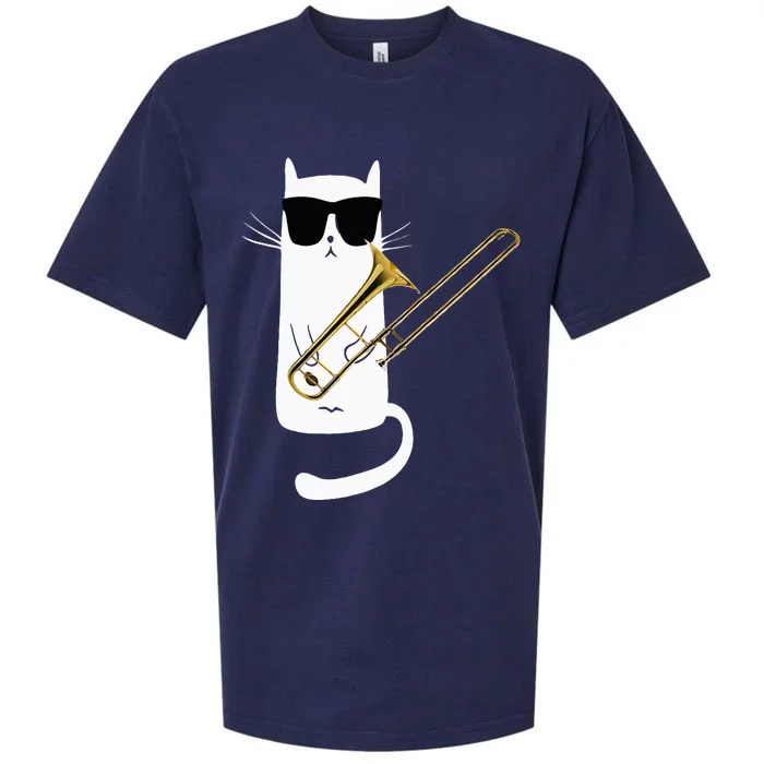 Funny Cat Wearing Sunglasses Playing Trombone Sueded Cloud Jersey T-Shirt