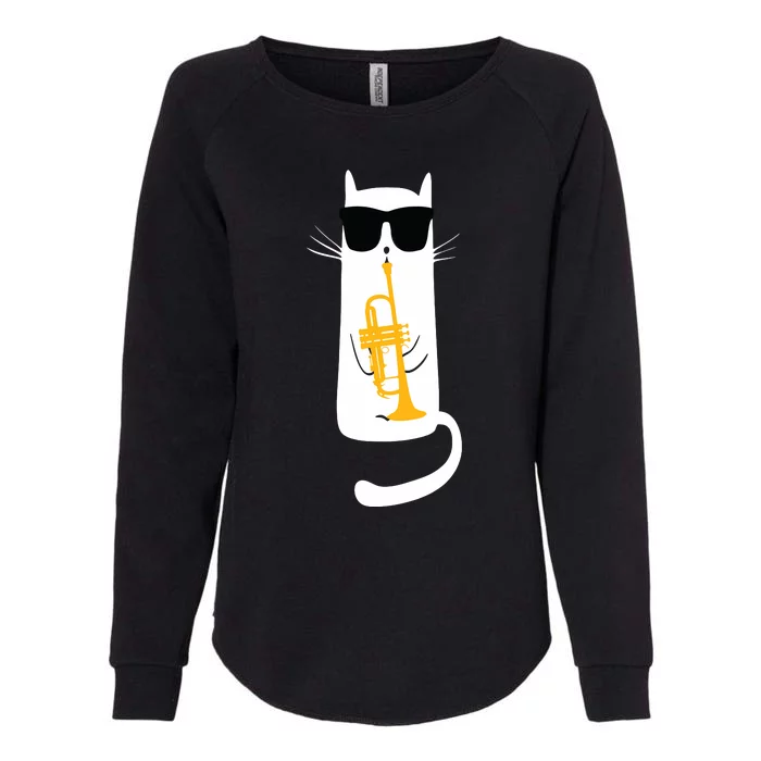 Funny Cat Wearing Sunglasses Playing Trumpet Womens California Wash Sweatshirt