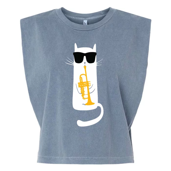 Funny Cat Wearing Sunglasses Playing Trumpet Garment-Dyed Women's Muscle Tee