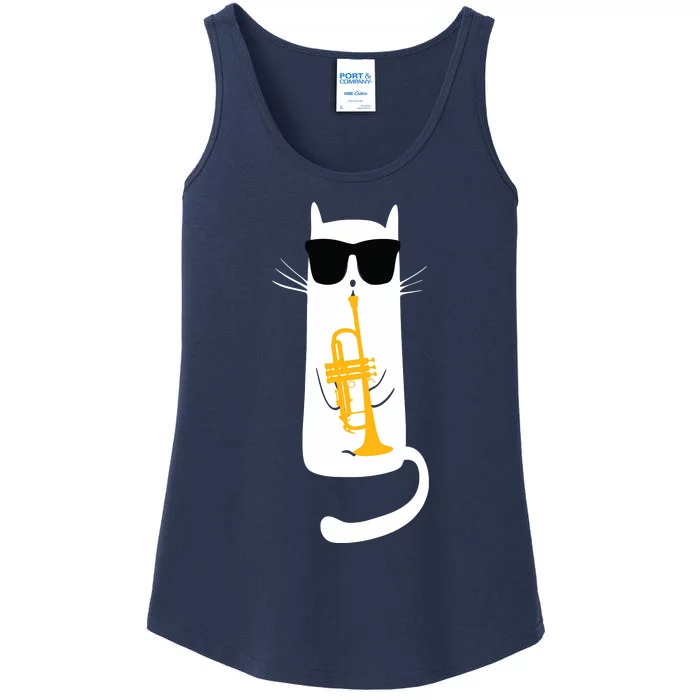 Funny Cat Wearing Sunglasses Playing Trumpet Ladies Essential Tank