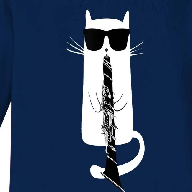 Funny Cat Wearing Sunglasses Playing Clarinet Baby Long Sleeve Bodysuit