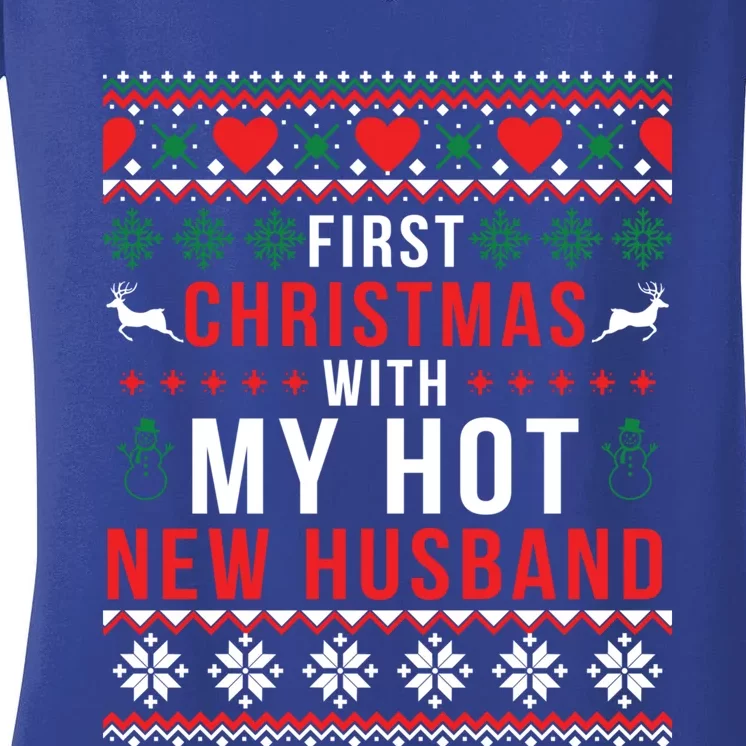 First Christmas With My Hot New Wife Husband Ugly Sweater Cool Gift Women's V-Neck T-Shirt