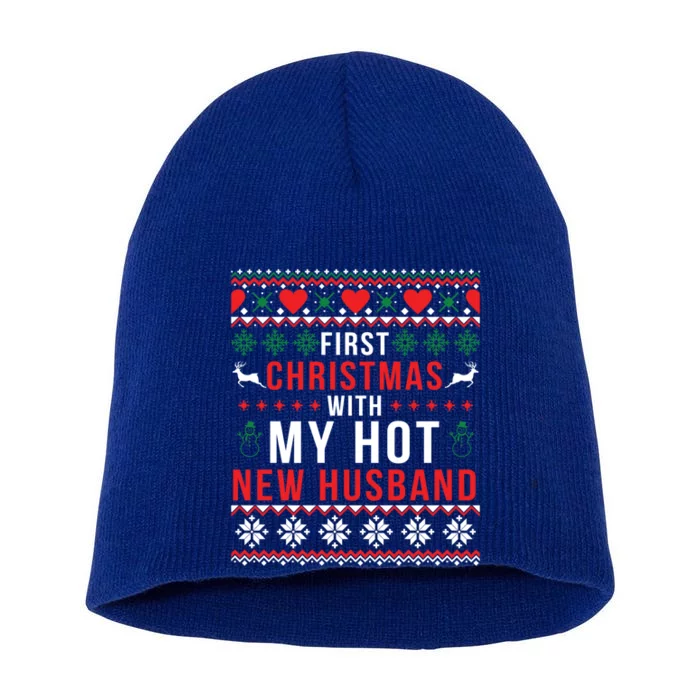 First Christmas With My Hot New Wife Husband Ugly Sweater Cool Gift Short Acrylic Beanie