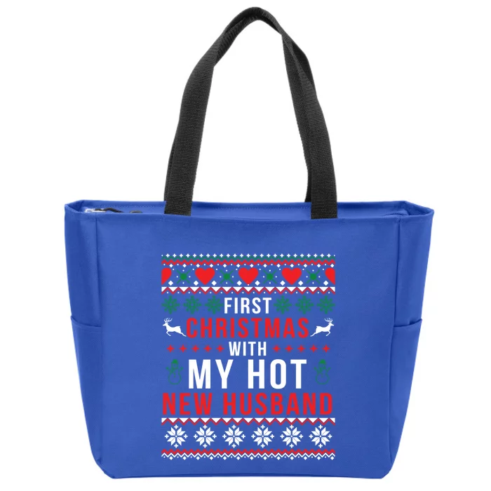 First Christmas With My Hot New Wife Husband Ugly Sweater Cool Gift Zip Tote Bag