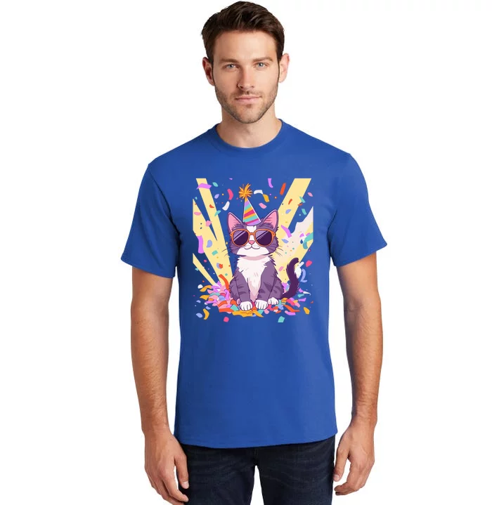 Funny Cat With Sunglasses And Party Hat Celebration Gift Tall T-Shirt