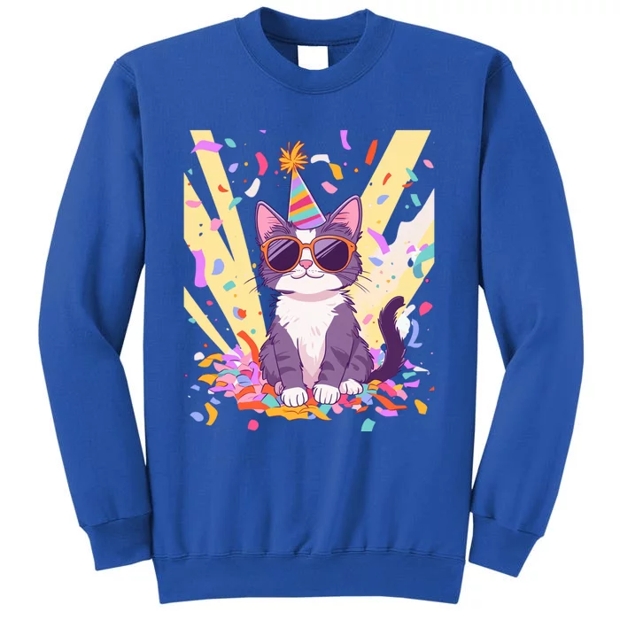 Funny Cat With Sunglasses And Party Hat Celebration Gift Tall Sweatshirt