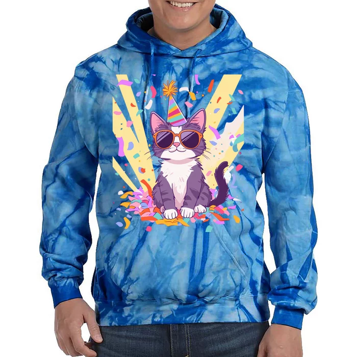 Funny Cat With Sunglasses And Party Hat Celebration Gift Tie Dye Hoodie